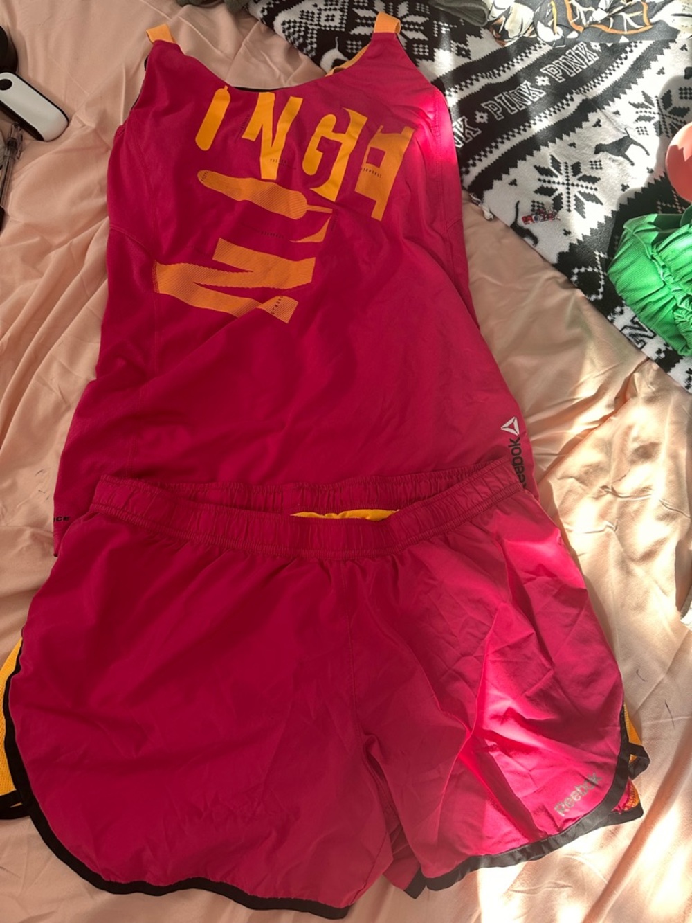 Reebok Pink and Yellow Athletic Tank & Shorts Set